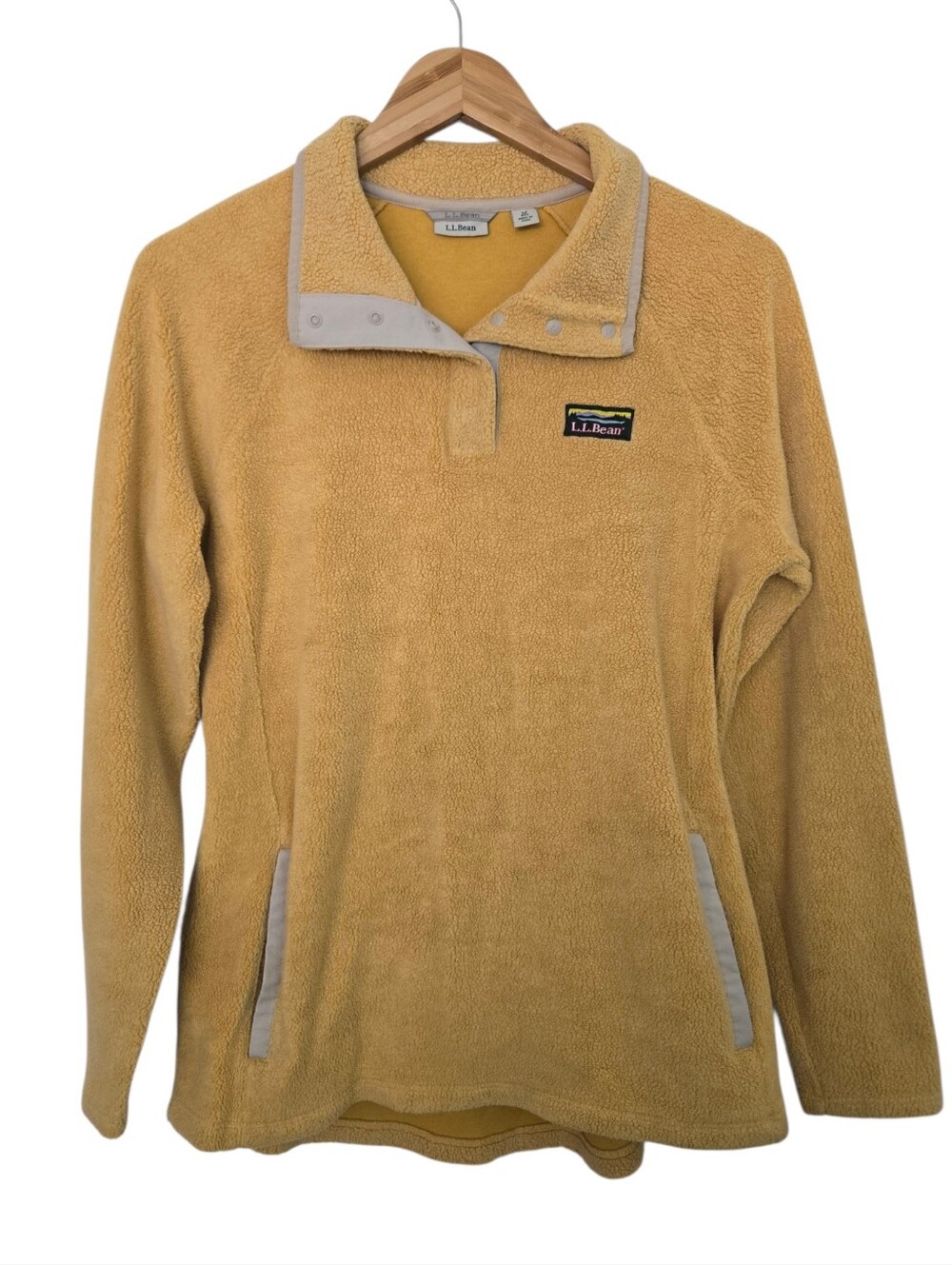 L.L.Bean Mustard Sherpa Fleece Snap Neck Pullover Women's Medium - Picture 2 of 5